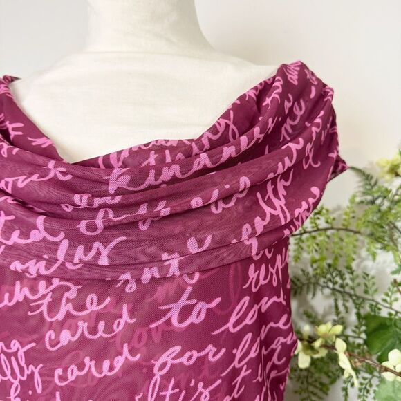 Maeve Off-The-Shoulder Ruched Mesh Script Top Burgundy Pink Medium Anthropologie - Picture 3 of 11